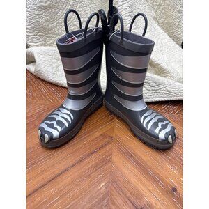 Wootie Kids Skeleton Rain Boots Black Gray Waterproof Pull-On Sun Faded Display
